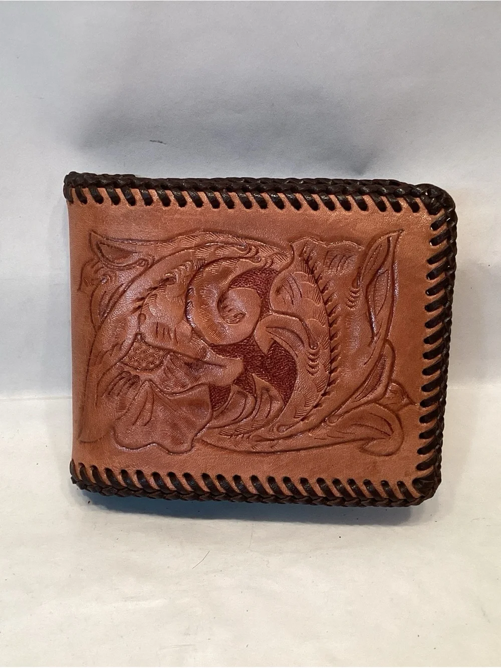 Vintage Hand Tooled Leather Wallet Bill Fold Whip Stitch NEW